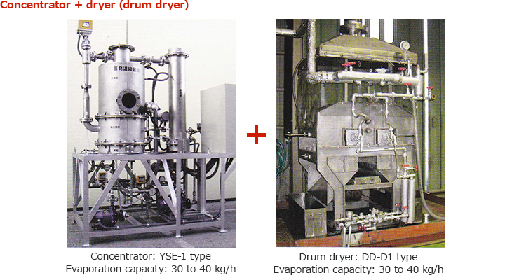 Concentrator + dryer (drum dryer). Concentrator: YSE-1 type. Evaporation capacity: 30 to 40 kg/h. Drum dryer: DD-D1 type. Evaporation capacity: 30 to 40 kg/h.