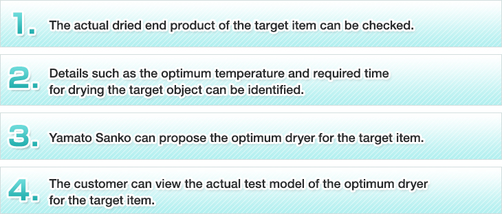 1. The actual dried end product of the target item can be checked. 2. Details such as the optimum temperature and required time for drying the target object can be identified. 3. Yamato Sanko can propose the optimum dryer for the target item. 4. The customer can view the actual test model of the optimum dryer for the target item.