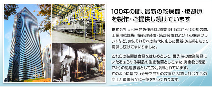 100年の間、最新の乾燥機・焼却炉を製作・ご提供し続けています。株式会社大和三光製作所は、創業1915年から100年の間、工業用乾燥機・熱処理装置・焼却装置およびその関連プラントなど、常にそれぞれの時代に応じた最新の技術をもって提供しつ続けてまいりました。これらの装置は食品をはじめとして、最先端の産業製品にいたるあらゆる製品の生産装置として、また、廃棄物(汚泥・ごみ)の処理装置として広く採用されています。このように幅広い分野で当社の装置が活躍し、社会生活の向上と環境保全に一役を担っております。