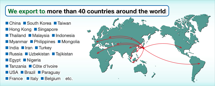 We export more than 40 countriies around the world ■China South Korea■Taiwan ■Hong Kong ■Singapore ■Thailand■ Malaysia ■Indonesia ■Myanmar ■Philippines ■Mongolia ■India ■Iran ■Turkey ■Russia ■Uzbekistan ■Tajikistan ■Egypt ■Nigeria ■Tanzania ■Côte d'Ivoire ■USA ■Brazil ■Paraguay ■France ■Italy ■Belgium	etc.
