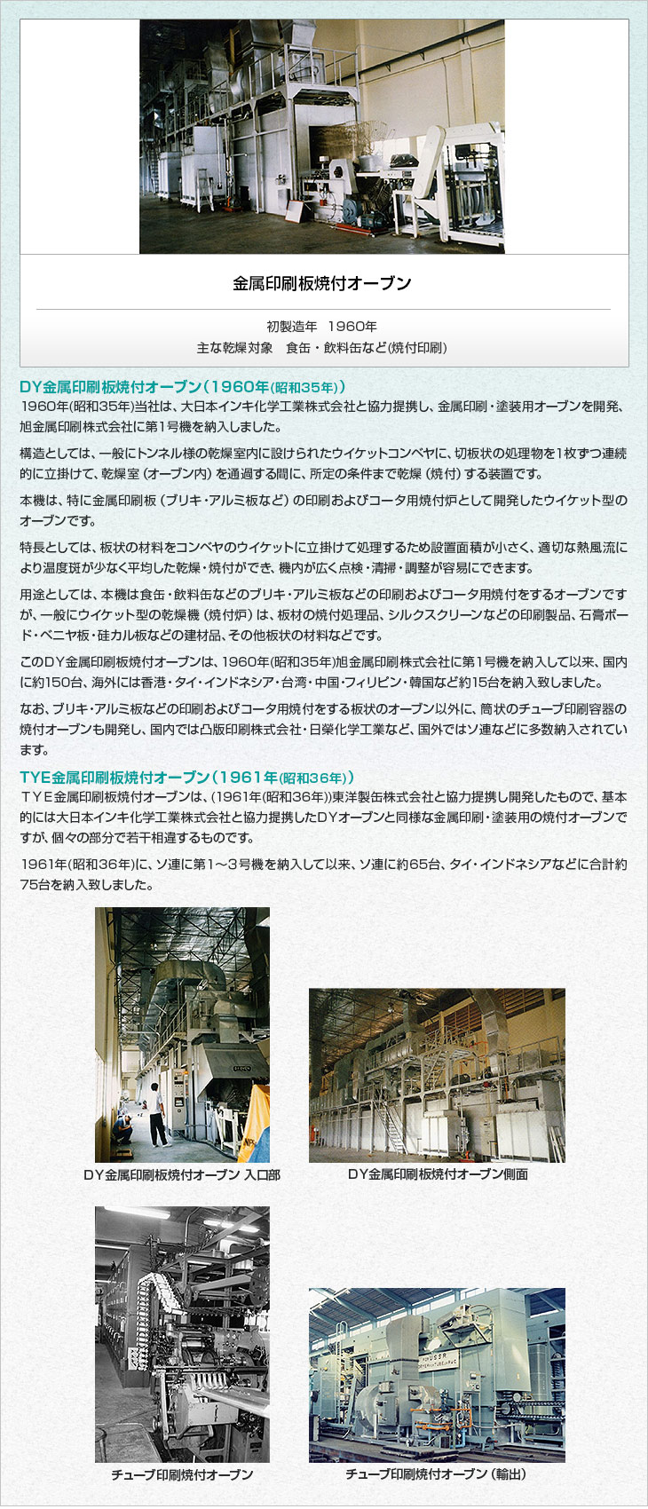 金属印刷板焼付オーブン。初製造年　1960年。主な乾燥対象　食缶・飲料缶など(焼付印刷)。＜ＤＹ金属印刷板焼付オーブン（1960年(昭和35年)）＞1960年(昭和35年)当社は、大日本インキ化学工業株式会社と協力提携し、金属印刷・塗装用オーブンを開発、旭金属印刷株式会社に第１号機を納入しました。構造としては、一般にトンネル様の乾燥室内に設けられたウイケットコンベヤに、切板状の処理物を１枚ずつ連続的に立掛けて、乾燥室（オーブン内）を通過する間に、所定の条件まで乾燥（焼付）する装置です。本機は、特に金属印刷板（ブリキ・アルミ板など）の印刷およびコータ用焼付炉として開発したウイケット型のオーブンです。特長としては、板状の材料をコンベヤのウイケットに立掛けて処理するため設置面積が小さく、適切な熱風流により温度斑が少なく平均した乾燥・焼付ができ、機内が広く点検・清掃・調整が容易にできます。用途としては、本機は食缶・飲料缶などのブリキ・アルミ板などの印刷およびコータ用焼付をするオーブンですが、一般にウイケット型の乾燥機（焼付炉）は、板材の焼付処理品、シルクスクリーンなどの印刷製品、石膏ボード・ベニヤ板・硅カル板などの建材品、その他板状
の材料などです。このＤＹ金属印刷板焼付オーブンは、1960年(昭和35年)旭金属印刷株式会社に第１号機を納入して以来、国内に約１５０台、海外には香港・タイ・インドネシア・台湾・中国・フィリピン・韓国など約１５台を納入致しました。なお、ブリキ・アルミ板などの印刷およびコータ用焼付をする板状のオーブン以外に、筒状のチューブ印刷容器の焼付オーブンも開発し、国内では凸版印刷株式会社・日榮化学工業など、国外ではソ連などに多数納入されています。＜ＴＹＥ金属印刷板焼付オーブン（1961年(昭和36年))＞ＴＹＥ金属印刷板焼付オーブンは、(1961年(昭和36年))東洋製缶㈱と協力提携し開発したもので、基本的には大日本インキ化学工業株式会社と協力提携したＤＹオーブンと同様な金属印刷・塗装用の焼付オーブンですが、個々の部分で若干相違するものです。1961年(昭和36年)に、ソ連に第１～３号機を納入して以来、ソ連に約６５台、タイ・インドネシアなどに合計約７５台を納入致しました。ＤＹ金属印刷板焼付オーブン 入口部。ＤＹ金属印刷板焼付オーブン側面。チューブ印刷焼付オーブン。チューブ印刷焼付オーブン（輸出）。 /></div>

<div class=