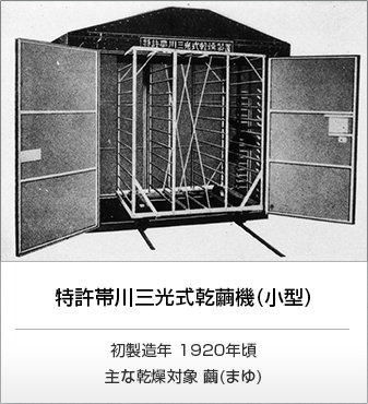 特許帯川三光式乾繭機(小型)。初製造年　1920年頃。主な乾燥対象　繭(まゆ)