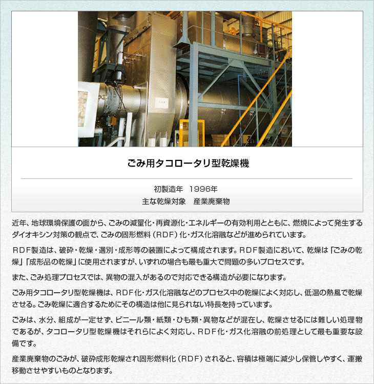 ごみ用タコロータリ型乾燥機。初製造年1996年。主な乾燥対象／産業廃棄物。近年、地球環境保護の面から、ごみの減量化・再資源化・エネルギーの有効利用とともに、燃焼によって発生するダイオキシン対策の観点で、ごみの固形燃料（ＲＤＦ）化・ガス化溶融などが進められています。ＲＤＦ製造は、破砕・乾燥・選別・成形等の装置によって構成されます。ＲＤＦ製造において、乾燥は「ごみの乾燥」「成形品の乾燥」に使用されますが、いずれの場合も最も重大で問題の多いプロセスです。また、ごみ処理プロセスでは、異物の混入があるので対応できる構造が必要になります。ごみ用タコロータリ型乾燥機は、ＲＤＦ化・ガス化溶融などのプロセス中の乾燥によく対応し、低温の熱風で乾燥させる。ごみ乾燥に適合するためにその構造は他に見られない特長を持っています。ごみは、水分、組成が一定せず、ビニール類・紙類・ひも類・異物などが混在し、乾燥させる
には難しい処理物であるが、タコロータリ型乾燥機はそれらによく対応し、ＲＤＦ化・ガス化溶融の前処理として最も重要な設備です。産業廃棄物のごみが、破砕成形乾燥され固形燃料化（ＲＤＦ）されると、容積は極端に減少し保管しやすく、運搬移動させやすいものとなります。特長としては、乾燥熱風温度が低い(150～350℃)ため溶融、付着、着火が少なく、飛散や乾燥斑も少なく乾燥効率が高いため設置面積が小さくなります（一般ロータリ型乾燥機の２分の１程度）。また、機内に複雑な回転機構がなく突起物が少ないため、機内でのからみが少なく、異音や破損が少なくなります。ごみ用タコロータリ型乾燥機は、1996年(平成8年)に開発されて以降、約５０台が納入されています。なお、前記の石炭・砂・鉱石・白土などの鉱工土木建材品、塩などの食品、合成ゴムなどの化成品など実績のあるタコロータリ型乾燥機を通算すると、納入実績は約６５台になります。