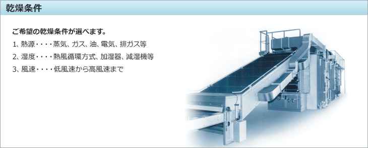 乾燥条件。ご希望の乾燥条件が選べます。1、熱源・・・蒸気、ガス、油、電気、排ガスな等。2、湿度・・・熱風循環方式、加湿器、減湿機等。3、風速・・・低風速から高風速まで。/></p>
<!-- / .section01 --></div>

<div class=