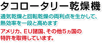 タコロータリー乾燥機。通気乾燥と回転乾燥の両利点を生かして、 熱効率を一段と高めます。アメリカ、ＥＵ諸国、その他５ヵ国の特許を取得しています。