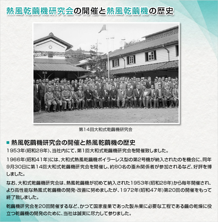 熱風乾繭機研究会の開催と熱風乾繭機の歴史。第１４回大和式乾繭機研究会。＜熱風乾繭機研究会の開催と熱風乾繭機の歴史＞1953年(昭和28年)、当社内にて、第1回大和式乾繭機研究会を開催しました。1966年(昭和41年)には、大和式熱風乾繭機ボイラーレス型の第２号機が納入されたのを機会に、同年9月30日に第14回大和式乾繭機研究会を開催し、約80名の蚕糸関係者が参加されるなど、好評を博しました。 なお、大和式乾繭機研究会は、熱風乾繭機が初めて納入された1953年(昭和28年)から毎年開催され、より高性能な熱風式乾繭機の開発・改善に努めましたが、1972年(昭和47年)第20回の開催をもって終了致しました。乾繭機研究会を20回開催するなど、かつて国家産業であった製糸業に必要な工程である繭の乾燥に役立つ乾繭機の開発のために、当社は誠実に尽力して参りました。