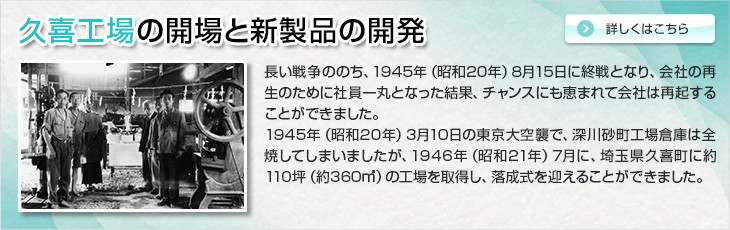 久喜工場の開場と新製品の開発。長い戦争ののち、1945年(昭和20年)8月15日に終戦となり、会社の再生のために社員一丸となった結果、チャンスにも恵まれて会社は再起することができました。1945年(昭和20年)3月10日の東京大空襲で、深川砂町工場倉庫は全焼してしまいましたが、1946年(昭和21年)7月に、埼玉県久喜町に約110坪（約360㎡）の工場を取得し、落成式を迎えることができました。