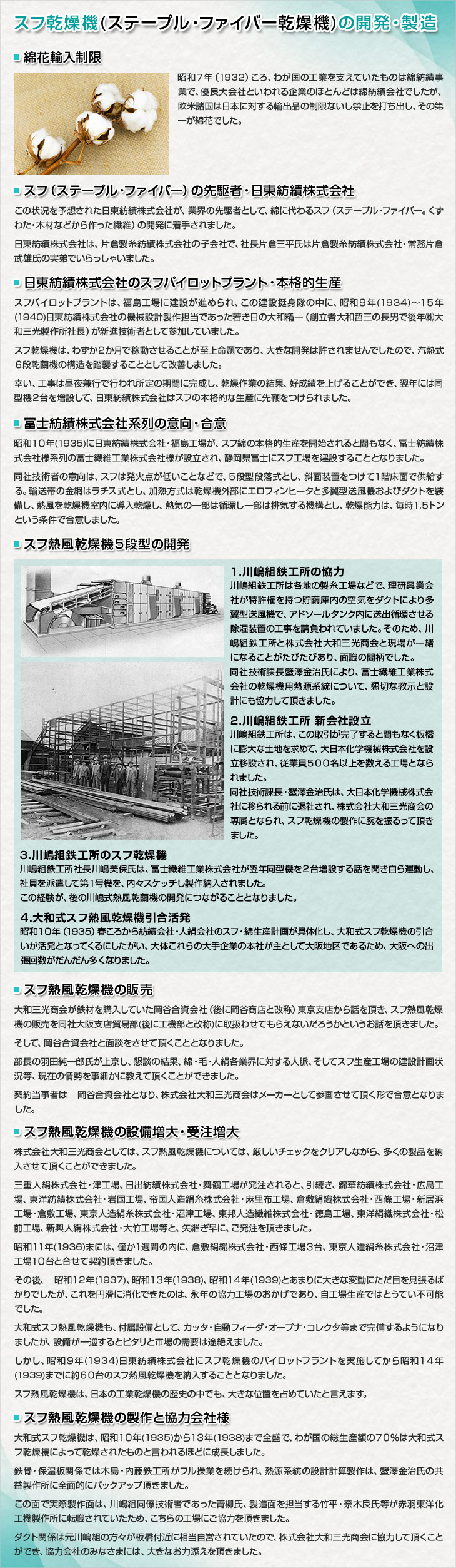 スフ乾燥機(ステープル・ファイバー乾燥機)の開発・製造。１）綿花輸入制限。昭和７年（1932）ころ、わが国の工業を支えていたものは綿紡績事業で、優良大会社といわれる企業のほとんどは綿紡績会社でしたが、欧米諸国は日本に対する輸出品の制限ないし禁止を打ち出し、その第一が綿花でした。２）スフ（ステープル・ファイバー）の先駆者・日東紡績株式会社。この状況を予想された日東紡績株式会社が、業界の先駆者として、綿に代わるスフ（ステープル・ファイバー。くずわた・木材などから作った繊維）の開発に着手されました。日東紡績株式会社は、片倉製糸紡績株式会社の子会社で、社長片倉三平氏は片倉製糸紡績株式会社・常務片倉武雄氏の実弟でいらっしゃいました。３）日東紡績株式会社のスフパイロットプラント・本格的生産。スフパイロットプラントは、福島工場に建設が進められ、この建設挺身隊の中に、昭和９年（1934）～１５年（1940）日東紡績株式会社の機械設計製作担当であった若き日の大和精一（創立者大和哲三の長男で後年㈱大和三光製作所社長）が新進技術者として参加していました。スフ乾燥機は、わずか２か月で稼動させることが至上命題であり、大きな開発は許されませんでしたので、汽熱式６段乾繭機の構造を踏襲することとして改善しました。幸い、工事は昼夜兼行で行われ所定の期間に完成し、乾燥作業の結果、好成績を上げることができ、翌年には同型機２台を増設して、日東紡績株式会社はスフの本格的な生産に先鞭をつけられました。４）冨士紡績株式会社系列の意向・合意。昭和１０年（1935）に日東紡績株式会社・福島工場が、スフ綿の本格的生産を開始されると間もなく、冨士紡績株式会社様系列の冨士繊維工業株式会社様が設立され、静岡県冨士にスフ工場を建設することとなりました。同社技術者の意向は、スフは発火点が低いことなどで、５段型段落式とし、斜面装置をつけて１階床面で供給する。輸送帯の金網はラチス式とし、加熱方式は乾燥機外部にエロフィンヒータと多翼型送風機およびダクトを装備し、熱風を乾燥機室内に導入乾燥し、熱気の一部は循環し一部は排気する機構とし、乾燥能力は、毎時１.５トンという条件で合意しました。５）スフ熱風乾燥機５段型の開発。１．川嶋組鉄工所の協力。川嶋組鉄工所は各地の製糸工場などで、理研興業会社が特許権を持つ貯繭庫内の空気をダクトにより多翼型送風機で、アドソールタンク内に送出循環させる除湿装置の工事を請負われていました。そのため、川嶋組鉄工所と株式会社大和三光商会と現場が一緒になることがたびたびあり、面識の間柄でした。同社技術課長蟹澤金治氏により、冨士繊維工業株式会社の乾燥機用熱源系統について、懇切な教示と設計にも協力して頂きました。２．川嶋組鉄工所 新会社設立・倒産。川嶋組鉄工所は、この取引が完了すると間もなく板橋に膨大な土地を求めて、大日本化学機械株式会社を設立移設され、従業員５００名以上を数える工場となられました。同社技術課長・蟹澤金治氏は、大日本化学機械株式会社に移られる前に退社され、株式会社大和三光商会の専属となられ、スフ乾燥機の製作に腕を振るって頂きました。３．川嶋組鉄工所のスフ乾燥機。川嶋組鉄工所社長川嶋美保氏は、冨士繊維工業株式会社が翌年同型機を２台増設する話を聞き自ら運動し、社員を派遣して第１号機を、内々スケッチし製作納入されました。この経験が、後の川嶋式熱風乾繭機の開発につながることとなりました。4．大和式スフ熱風乾燥機引合活発。昭和１０年（1935）春ころから紡績会社・人絹会社のスフ・綿生産計画が具体化し、大和式スフ乾燥機の引合いが活発となってくるにしたがい、大体これらの大手企業の本社が主として大阪地区であるため、大阪への出張回数がだんだん多くなりました。6）スフ熱風乾燥機の販売。大和三光商会が鉄材を購入していた岡谷合資会社（後に岡谷商店と改称）東京支店から話を頂き、スフ熱風乾燥機の販売を同社大阪支店貿易部（後に工機部と改称）に取扱わせてもらえないだろうかというお話を頂きました。そして、岡谷合資会社と面談をさせて頂くこととなりました。部長の羽田純一郎氏が上京し、懇談の結果、綿・毛・人絹各業界に対する人脈、そしてスフ生産工場の建設計画状況等、現在の情勢を事細かに教えて頂くことができました。契約当事者は 岡谷合資会社となり、株式会社大和三光商会はメーカーとして参画させて頂く形で合意となりました。7）スフ熱風乾燥機の設備増大・受注増大。株式会社大和三光商会としては、スフ熱風乾燥機については、厳しいチェックをクリアしながら、多くの製品を納入させて頂くことができました。三重人絹株式会社・津工場、日出紡績株式会社・舞鶴工場が発注されると、引続き、錦華紡績株式会社・広島工場、東洋紡績株式会社・岩国工場、帝国人造絹糸株式会社・麻里布工場、倉敷絹織株式会社・西條工場・新居浜工場・倉敷工場、東京人造絹糸株式会社・沼津工場、東邦人造繊維株式会社・徳島工場、東洋絹織株式会社・松前工場、新興人絹株式会社・大竹工場等と、矢継ぎ早に、ご発注を頂きました。昭和１１年（1936）末には、僅か１週間の内に、倉敷絹織株式会社・西條工場３台、東京人造絹糸株式会社・沼津工場１０台と合せて契約頂きました。その後、 昭和１２年（1937）、昭和１３年（1938）、昭和１４年（1939）とあまりに大きな変動にただ目を見張るばかりでしたが、これを円滑に消化できたのは、永年の協力工場のおかげであり、自工場生産ではとうてい不可能でした。大和式スフ熱風乾燥機も、付属設備として、カッタ・自動フィーダ・オープナ・コレクタ等まで完備するようになりましたが、設備が一巡するとピタリと市場の需要は途絶えました。しかし、昭和９年（1934）日東紡績株式会社にスフ乾燥機のパイロットプラントを実施してから昭和１４年（1939）までに約６０台のスフ熱風乾燥機を納入することとなりました。スフ熱風乾燥機は、日本の工業乾燥機の歴史の中でも、大きな位置を占めていたと言えます。8）スフ熱風乾燥機の製作と協力会社様。大和式スフ乾燥機は、昭和１０年（1935）から１３年（1938）まで全盛で、わが国の総生産額の７０％は大和式スフ乾燥機によって乾燥されたものと言われるほどに成長しました。鉄骨・保温板関係では木島・内藤鉄工所がフル操業を続けられ、熱源系統の設計計算製作は、蟹澤金治氏の共益製作所に全面的にバックアップ頂きました。この面で実際製作面は、川嶋組同僚技術者であった青柳氏、製造面を担当する竹平・奈木良氏等が赤羽東洋化工機製作所に転職されていたため、こちらの工場にご協力を頂きました。ダクト関係は元川嶋組の方々が板橋付近に相当自営されていたので、株式会社大和三光商会に協力して頂くことができ、協力会社のみなさまには、大きなお力添えを頂きました。