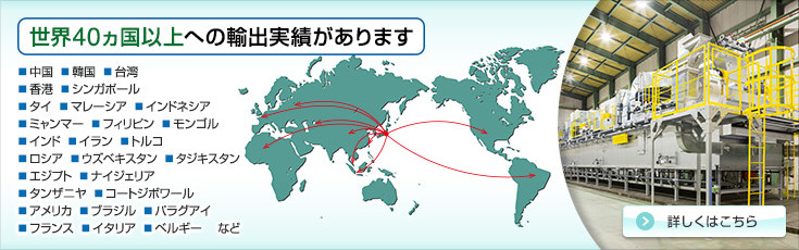 世界40ヵ国以上への輸出実績があります。中国、韓国、台湾、香港、シンガポール、タイ、マレーシア、インドネシア、ミャンマー、フィリピン、モンゴル、インド、トルコ、ロシア、ウズベキスタン、タジキスタン、エジプト、ナイジェリア、タンザニヤ、コートジボワール、アメリカ、ブラジル、パラグアイ、フランス、イタリア、ベルギー、など。